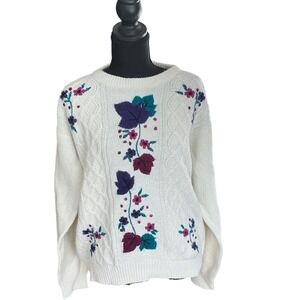 Vintage 90's Cottagecore Grandma cable knit sweater embroidered‎ floral Large